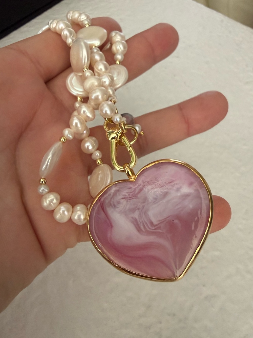 Murano Pink Heart Pendant Pearl Necklace